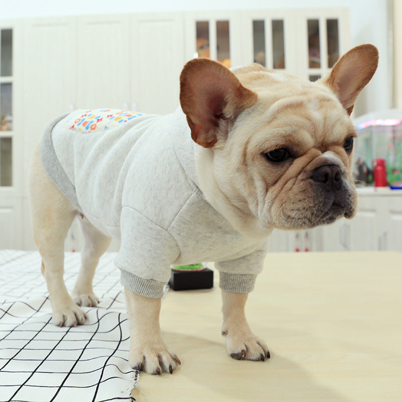 HKM-6522429 Hooded Casual Sweatshirt with Pug Dog Print and Flower Pocket in Grey