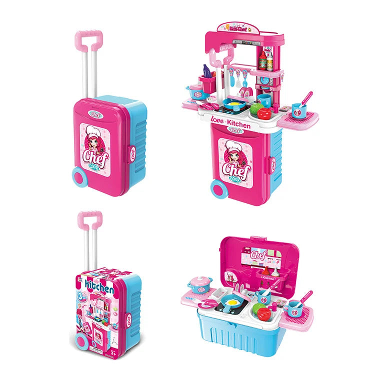 HKM-652307 3-in-1 Kitchen and Medical Tool Set for Pretend Play with Makeup and Utensils in Suitcase