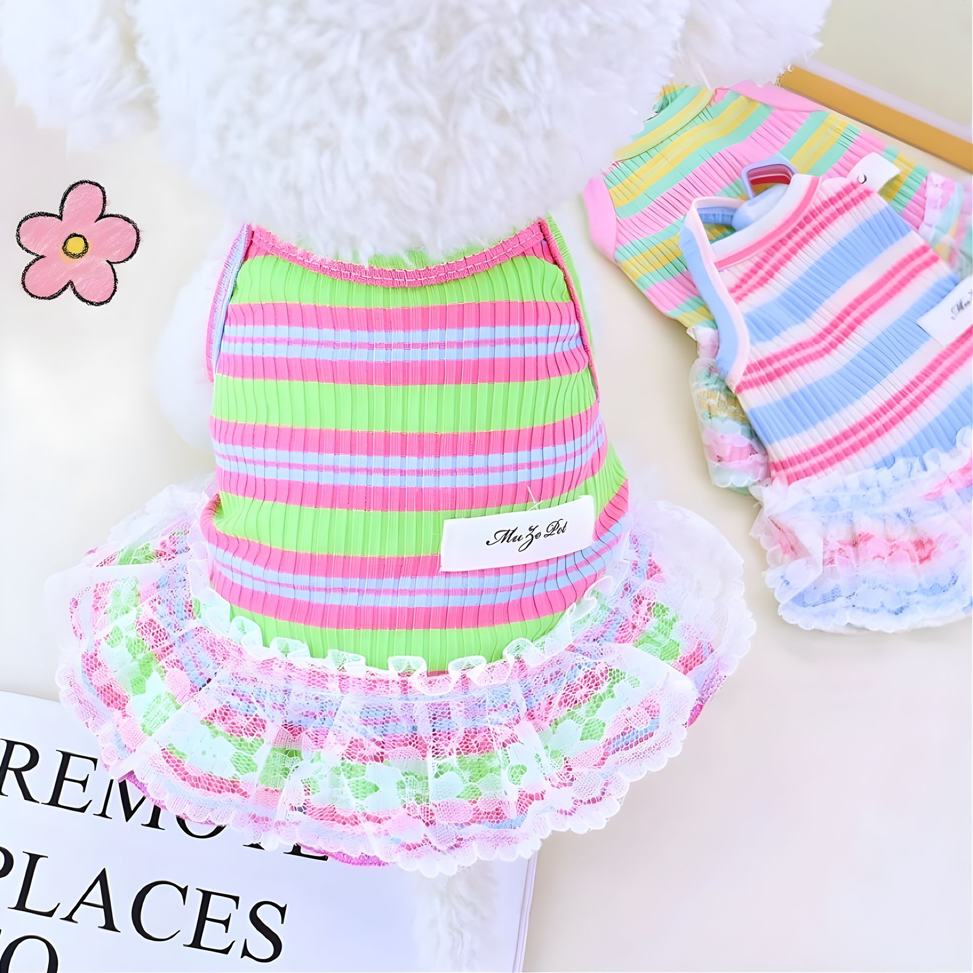 HKM-6523453 Lace Decorative Stripes Princess Dress for Dogs and Cats in Pink, Blue, and Emerald Green