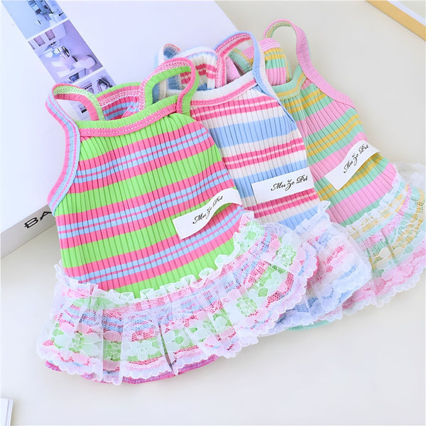 HKM-6523453 Lace Decorative Stripes Princess Dress for Dogs and Cats in Pink, Blue, and Emerald Green