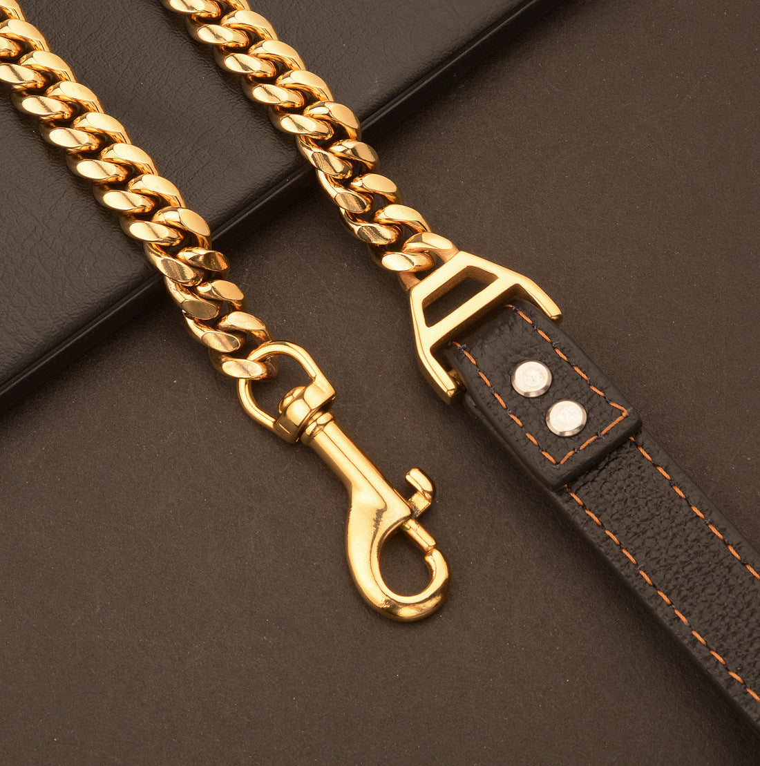 HKM-6531389 Stainless Steel Dog Leash with Leather Collar for Large and Small Breeds 14mm Width