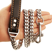 HKM-6531389 Stainless Steel Dog Leash with Leather Collar for Large and Small Breeds 14mm Width