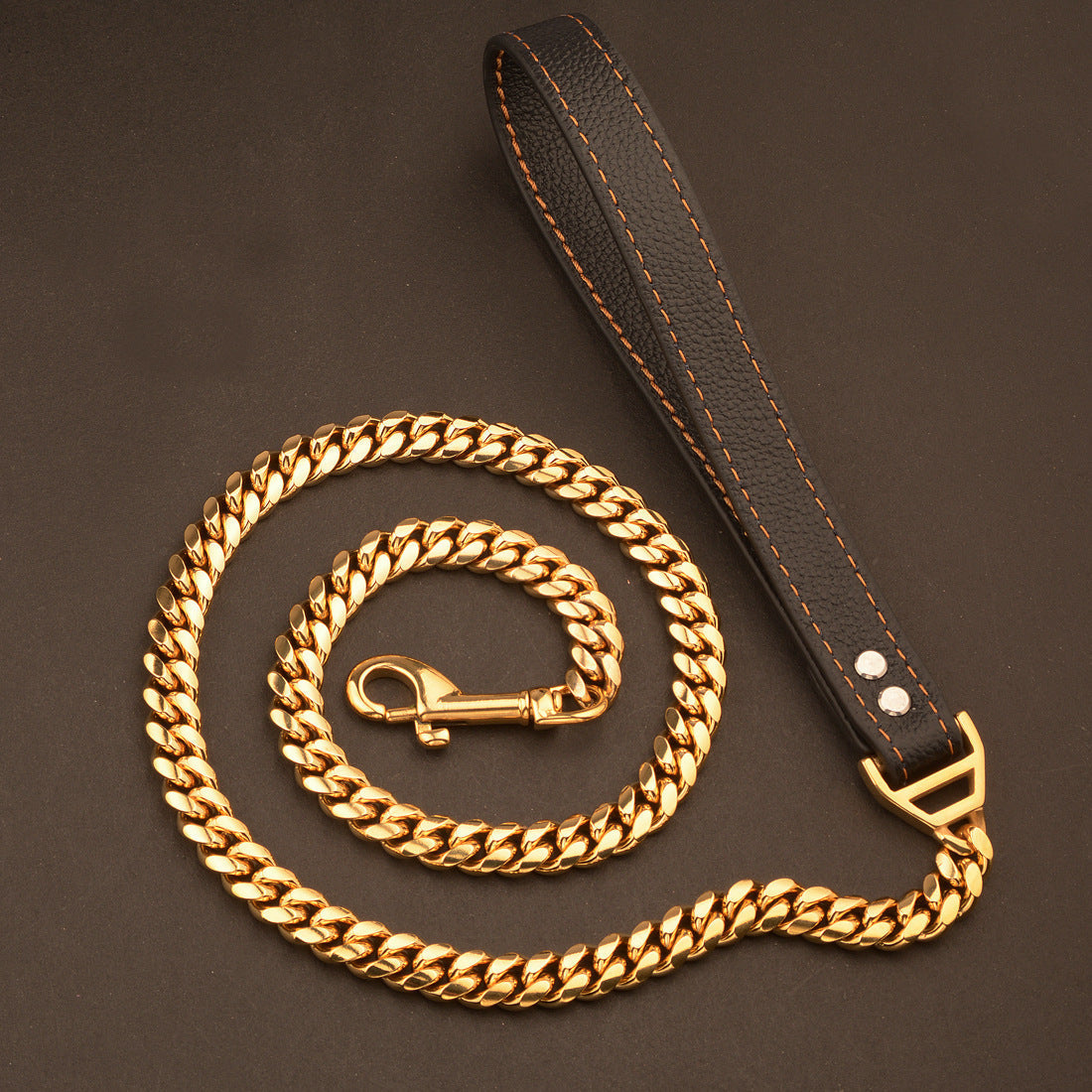 HKM-6531389 Stainless Steel Dog Leash with Leather Collar for Large and Small Breeds 14mm Width