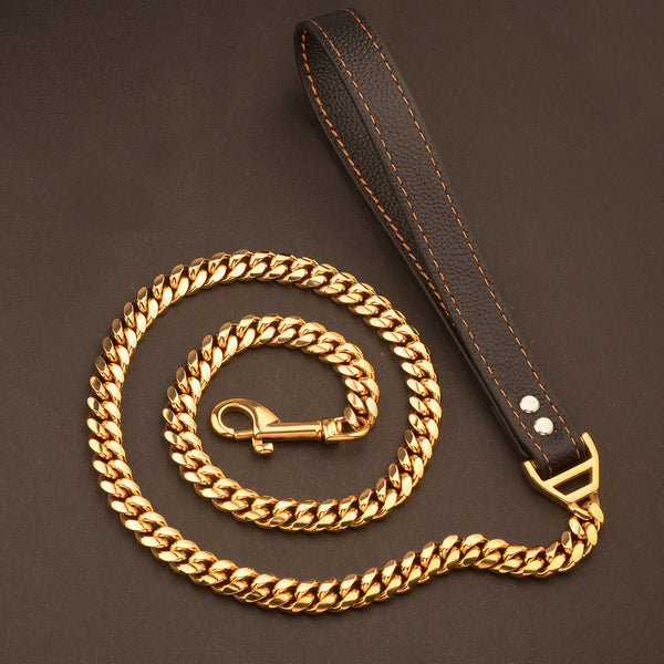 HKM-6531389 Stainless Steel Dog Leash with Leather Collar for Large and Small Breeds 14mm Width