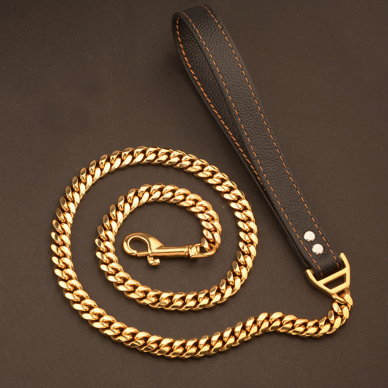 HKM-6531389 Stainless Steel Dog Leash with Leather Collar for Large and Small Breeds 14mm Width