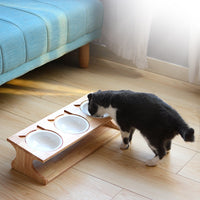 HKM-6537533 Solid Wood Anti-Choking Cat Dining Table with Sloped Bone China Bowl