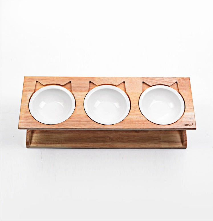 HKM-6537533 Solid Wood Anti-Choking Cat Dining Table with Sloped Bone China Bowl