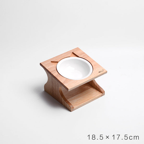 HKM-6537533 Solid Wood Anti-Choking Cat Dining Table with Sloped Bone China Bowl