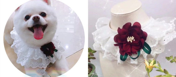 HKM-6539325 Pet Triangle Scarf with Bell Collar for Cats and Dogs - Adjustable Lace Bow Knot Design