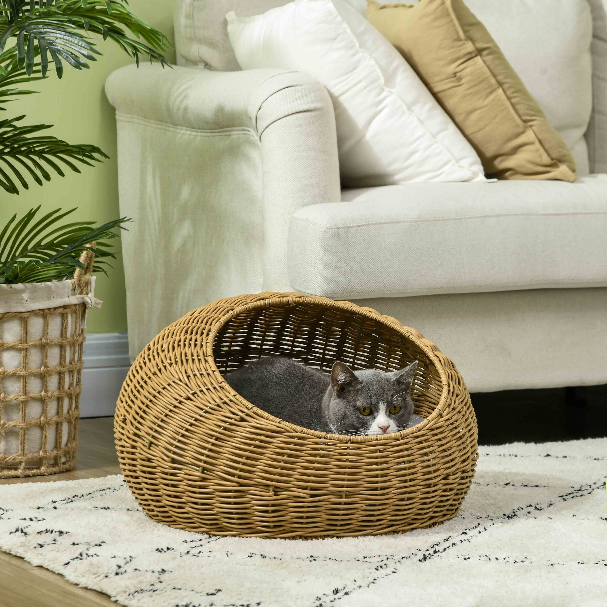 HKM-6541757 Light Brown Rattan Cat Bed with Washable Cushion for Cats and Puppies Under 9 lbs.