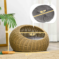 HKM-6541757 Light Brown Rattan Cat Bed with Washable Cushion for Cats and Puppies Under 9 lbs.