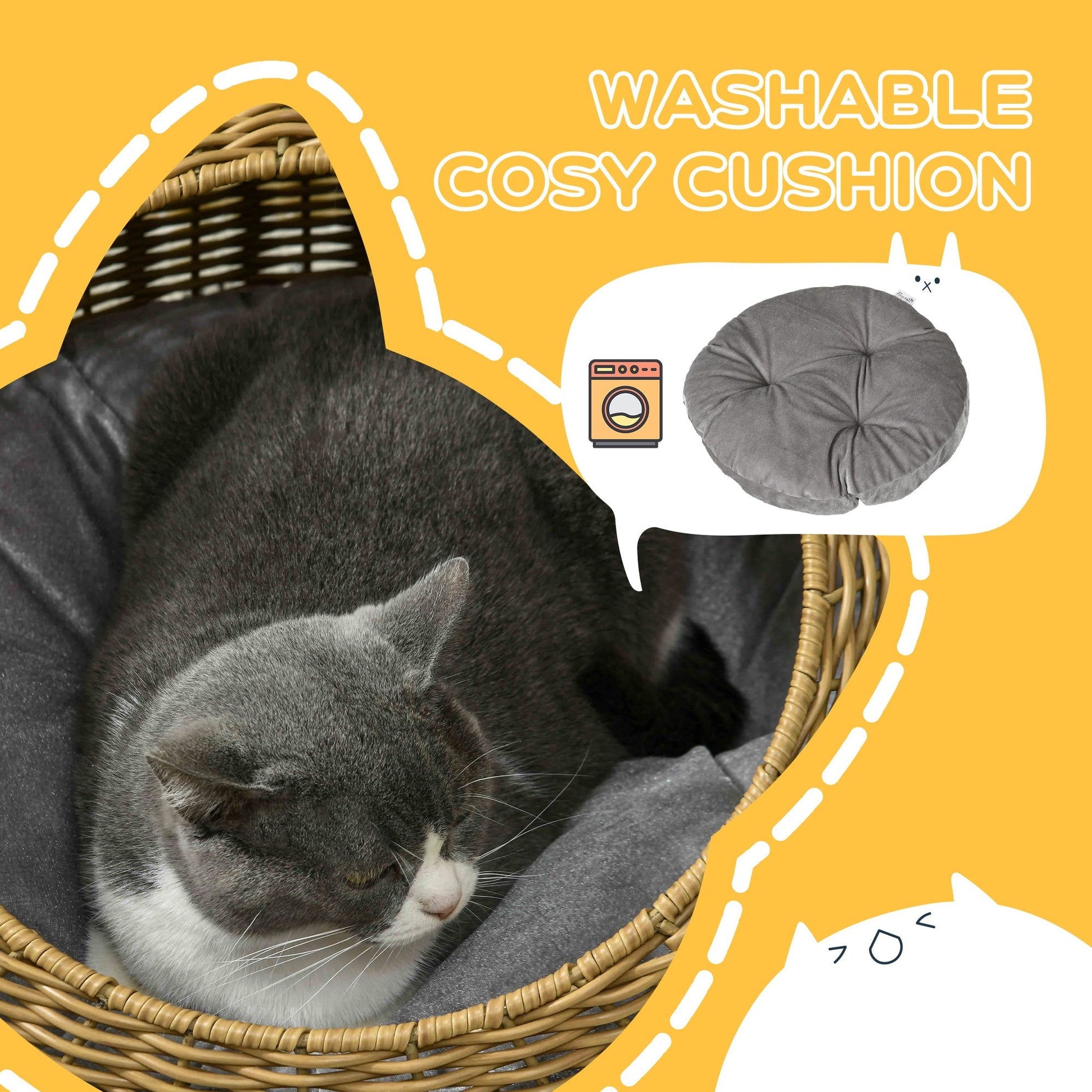 HKM-6541757 Light Brown Rattan Cat Bed with Washable Cushion for Cats and Puppies Under 9 lbs.