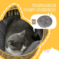 HKM-6541757 Light Brown Rattan Cat Bed with Washable Cushion for Cats and Puppies Under 9 lbs.