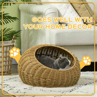 HKM-6541757 Light Brown Rattan Cat Bed with Washable Cushion for Cats and Puppies Under 9 lbs.