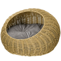HKM-6541757 Light Brown Rattan Cat Bed with Washable Cushion for Cats and Puppies Under 9 lbs.