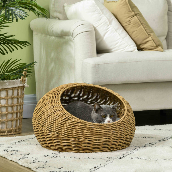 HKM-6541757 Light Brown Rattan Cat Bed with Washable Cushion for Cats and Puppies Under 9 lbs.