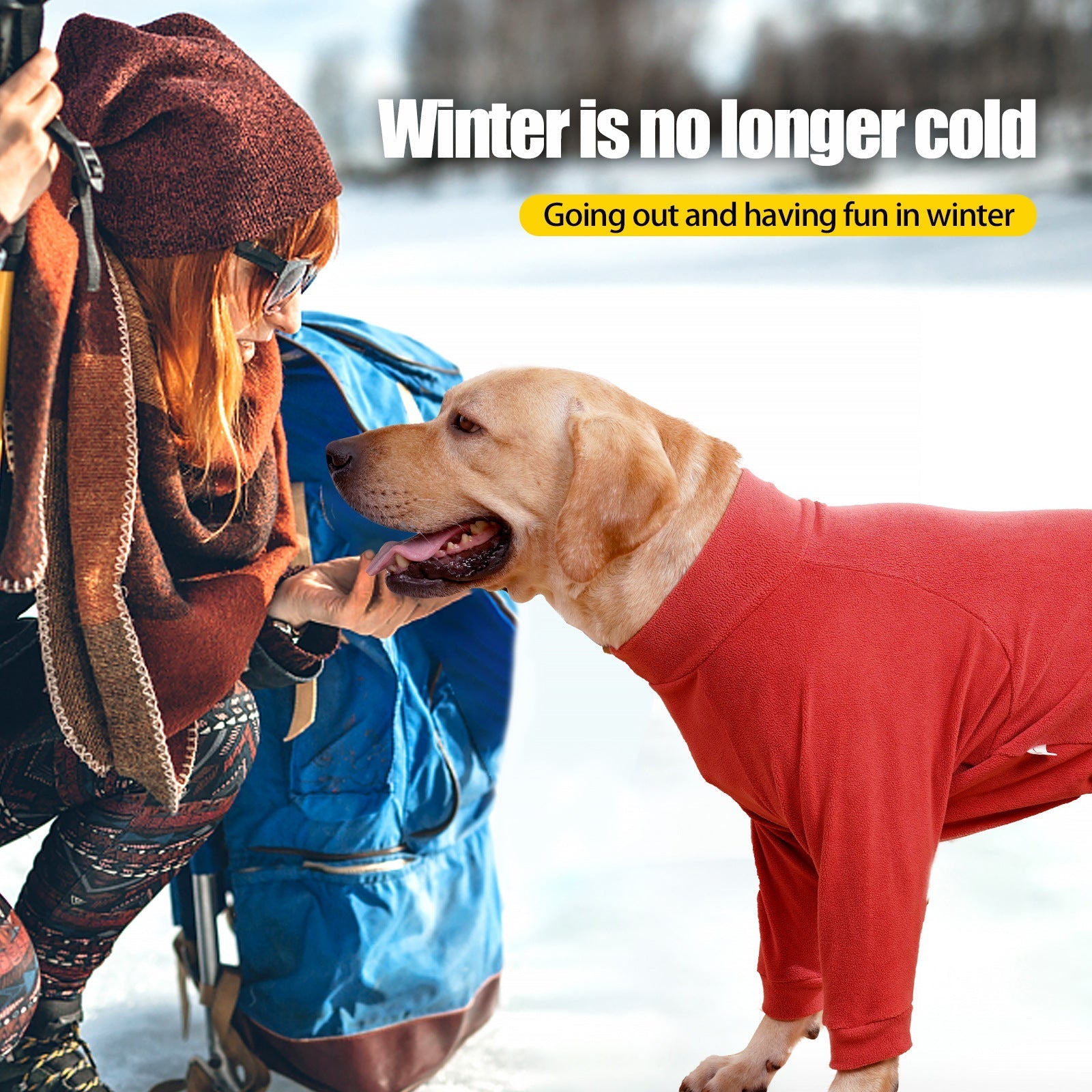 HKM-6541885 Warm Polar Fleece Dog Clothing with High Collar and Full Padding in Orange Red and Gray Blue