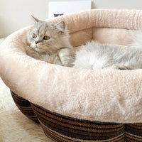 HKM-6543165 Indoor Semi-closed Cat Bed - Striped Linen Cylinder for Comfort & Improved Sleeping