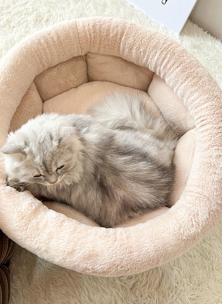 HKM-6543165 Indoor Semi-closed Cat Bed - Striped Linen Cylinder for Comfort & Improved Sleeping