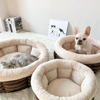 HKM-6543165 Indoor Semi-closed Cat Bed - Striped Linen Cylinder for Comfort & Improved Sleeping