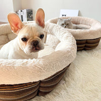 HKM-6543165 Indoor Semi-closed Cat Bed - Striped Linen Cylinder for Comfort & Improved Sleeping