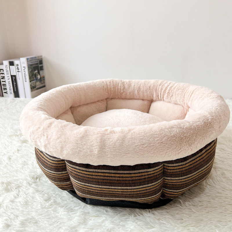 HKM-6543165 Indoor Semi-closed Cat Bed - Striped Linen Cylinder for Comfort & Improved Sleeping