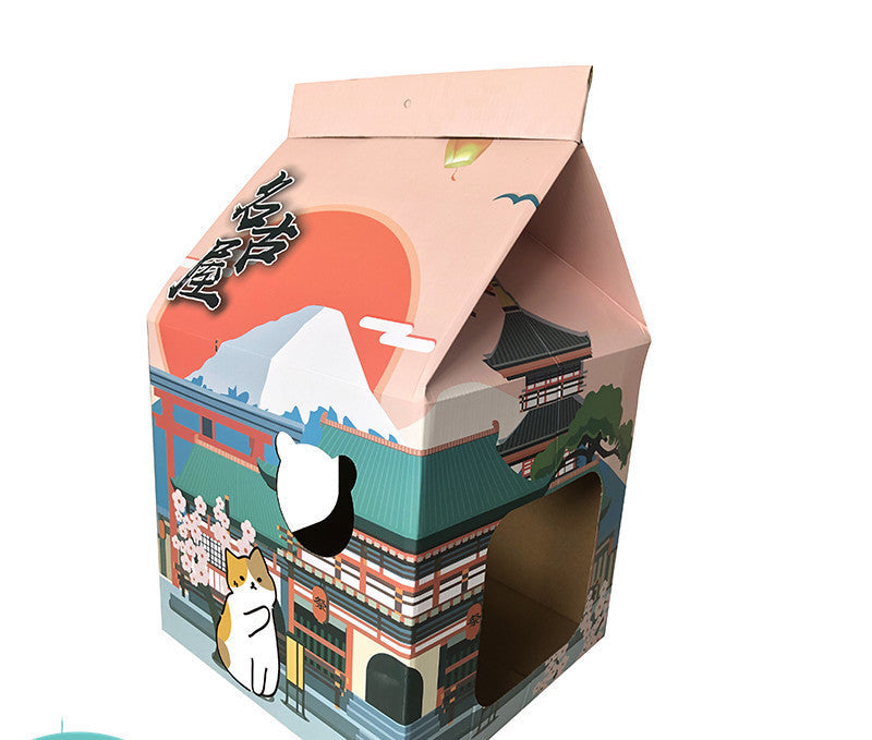HKM-6549053 Foldable Japanese Milk Nest Cat Scratch Board - Corrugated Paper Chew Toy for Cats
