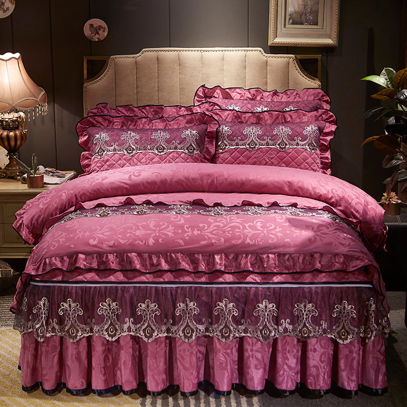 HKM-654931 Quilted Velvet Bed Skirt Set with Duvet Cover and Pillowcases in Multiple Colors