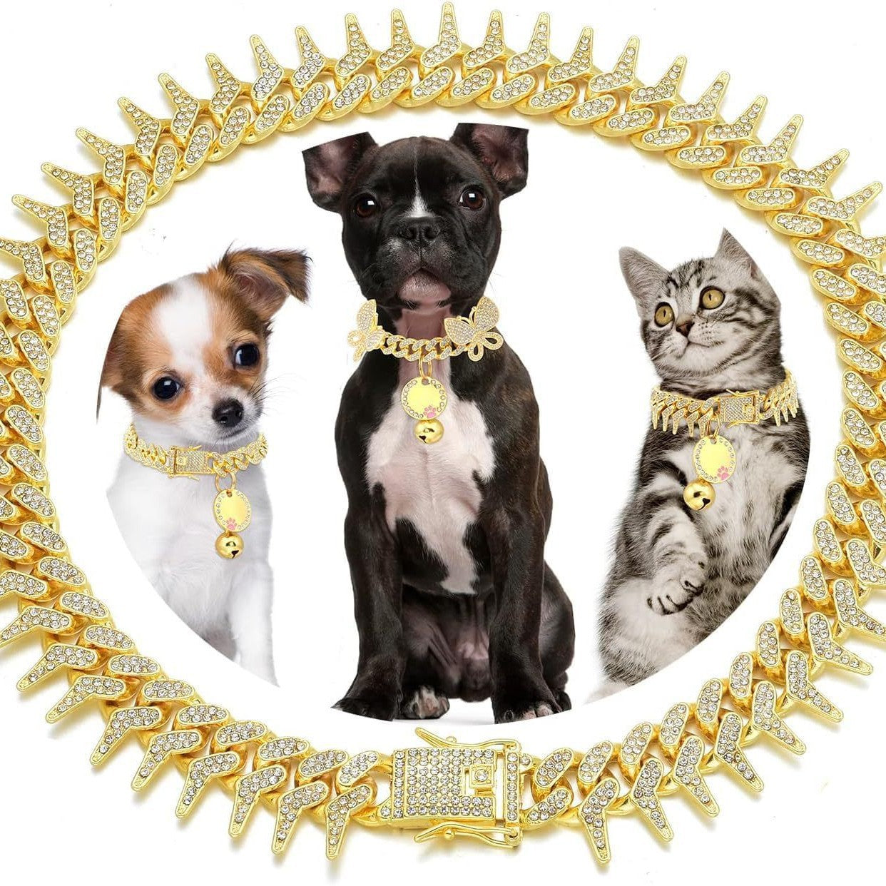 HKM-6551485 Plaid Diamond Pet Neckband Necklace in Gold, Silver, and Rose Gold - Multiple Sizes Available