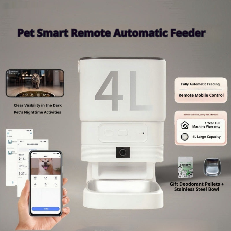 HKM-6552637 Smart Pet Feeder with Video and Night Vision, Stainless Steel Bowl, Ideal for Cats and Dogs
