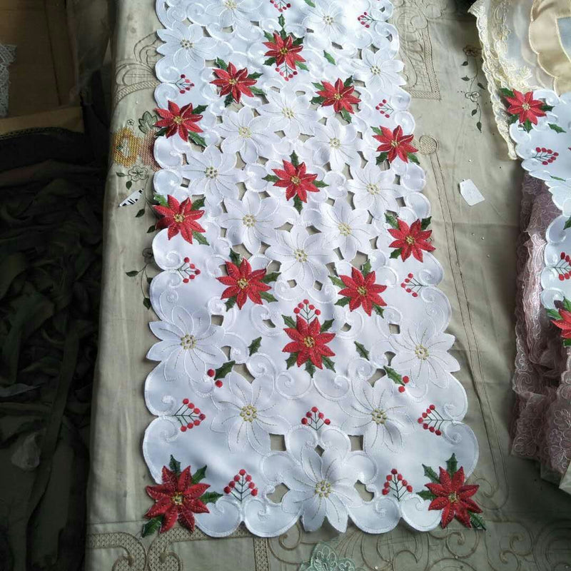 HKM-655443 Christmas Round Tablecloth with Embroidered Leaves and Floral Design, Multiple Sizes Available