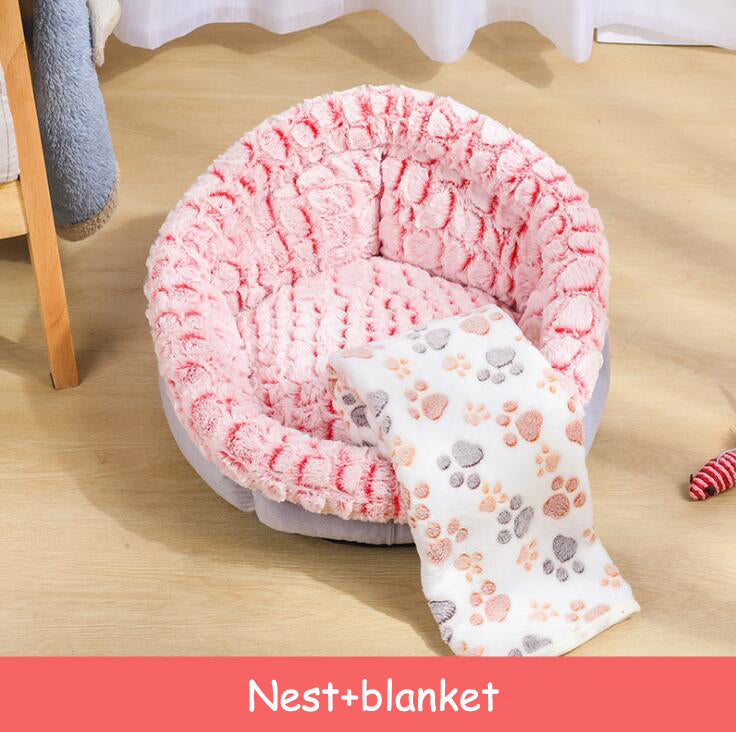 HKM-6558653 Soft Non-Slip Plush Round Pet Bed for Cats and Dogs, Cozy Nest Cushion