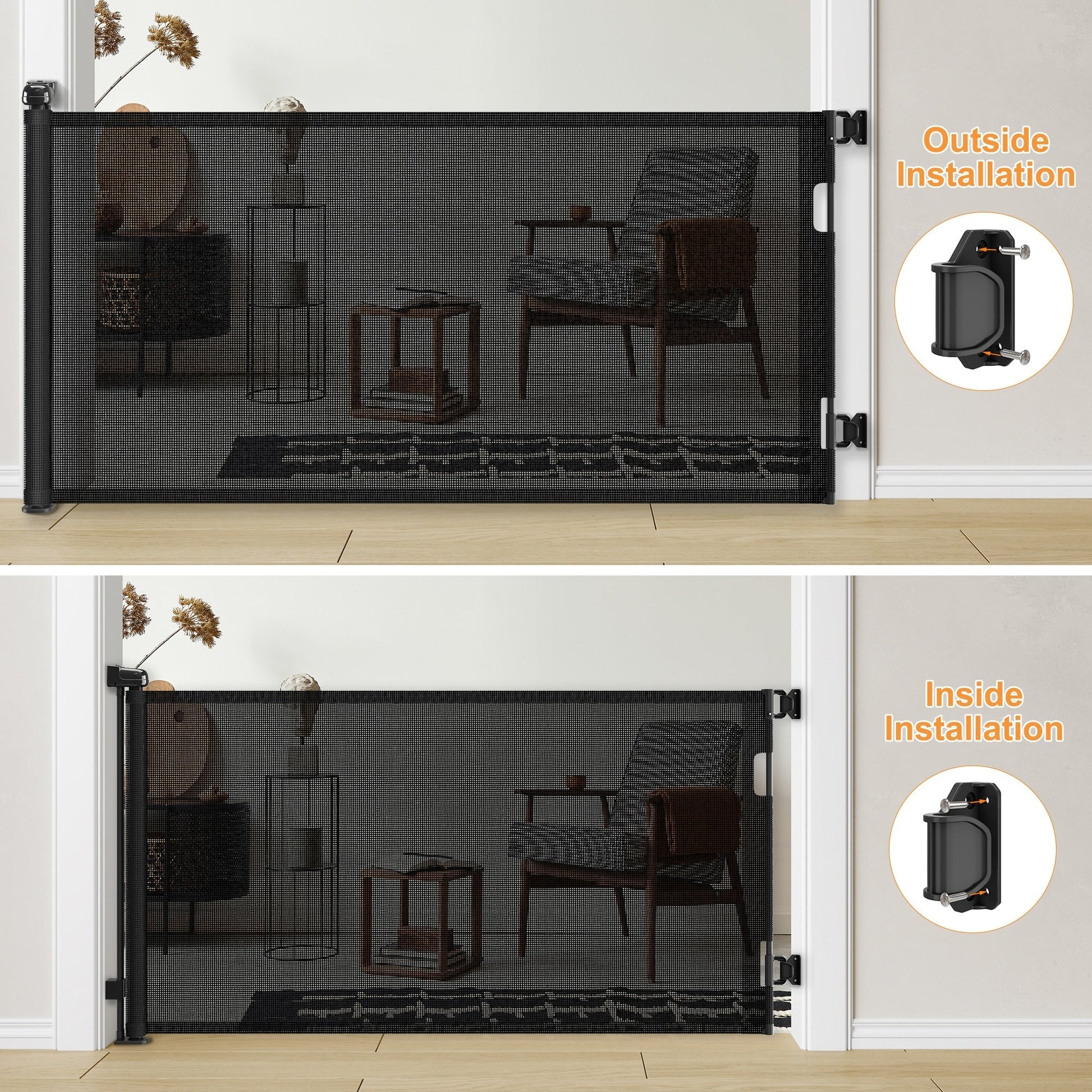 HKM-6560061 Retractable Safety Baby Gate, Mesh Dog Gate for Doorways and Stairs - 55 Inch Wide, 33 Inch Tall, Indoor and Outdoor Use
