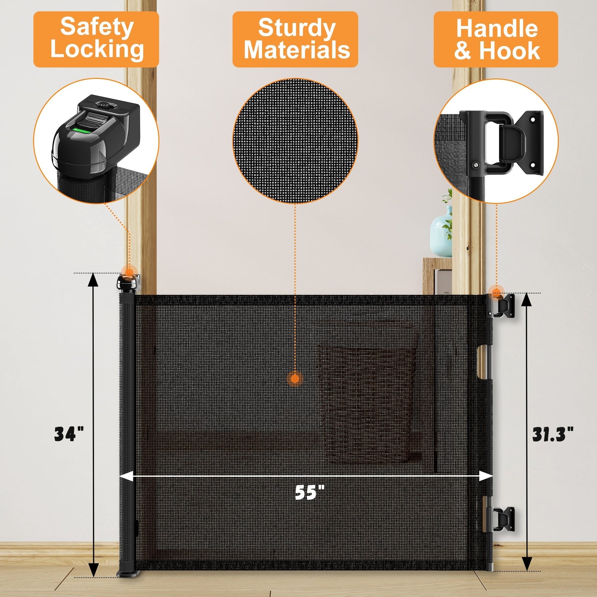 HKM-6560061 Retractable Safety Baby Gate, Mesh Dog Gate for Doorways and Stairs - 55 Inch Wide, 33 Inch Tall, Indoor and Outdoor Use