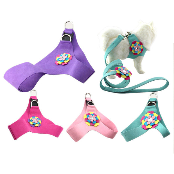 HKM-6563645 Velvet Flower Pet Chest Harness with Traction Rope - Available in Multiple Colors and Sizes