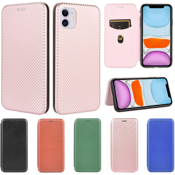 HKM-656403 Brushed Carbon Fiber Wallet Style Phone Protective Holster for Apple Devices - Multiple Color Options