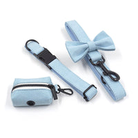 HKM-6564157 Light Blue Velvet Pet Collar Set with Black Buckle, Leash, Bow, and Poop Bag