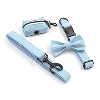 HKM-6564157 Light Blue Velvet Pet Collar Set with Black Buckle, Leash, Bow, and Poop Bag