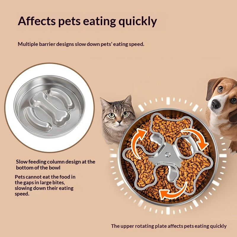 HKM-6566333 Stainless Steel Rotating Slow-Feeding Pet Bowl with Bone Design, 304 Material