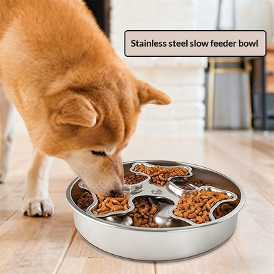 HKM-6566333 Stainless Steel Rotating Slow-Feeding Pet Bowl with Bone Design, 304 Material