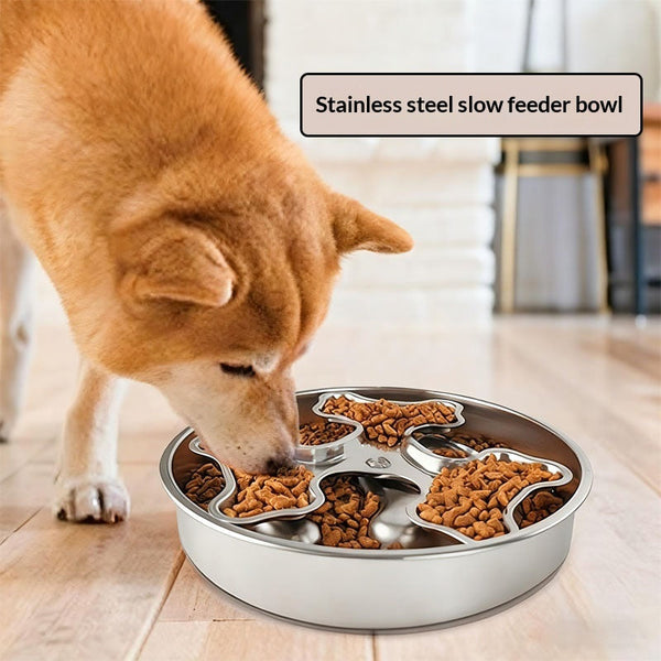 HKM-6566333 Stainless Steel Rotating Slow-Feeding Pet Bowl with Bone Design, 304 Material