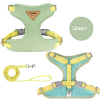 HKM-6569917 Adjustable Mesh Pet Harness and Leash Set for Small Dogs in Green, Blue, Beige, and Yellow