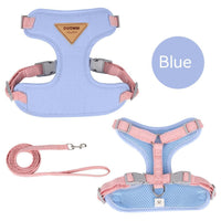 HKM-6569917 Adjustable Mesh Pet Harness and Leash Set for Small Dogs in Green, Blue, Beige, and Yellow