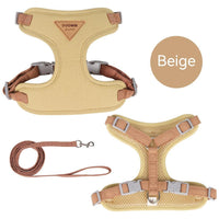 HKM-6569917 Adjustable Mesh Pet Harness and Leash Set for Small Dogs in Green, Blue, Beige, and Yellow