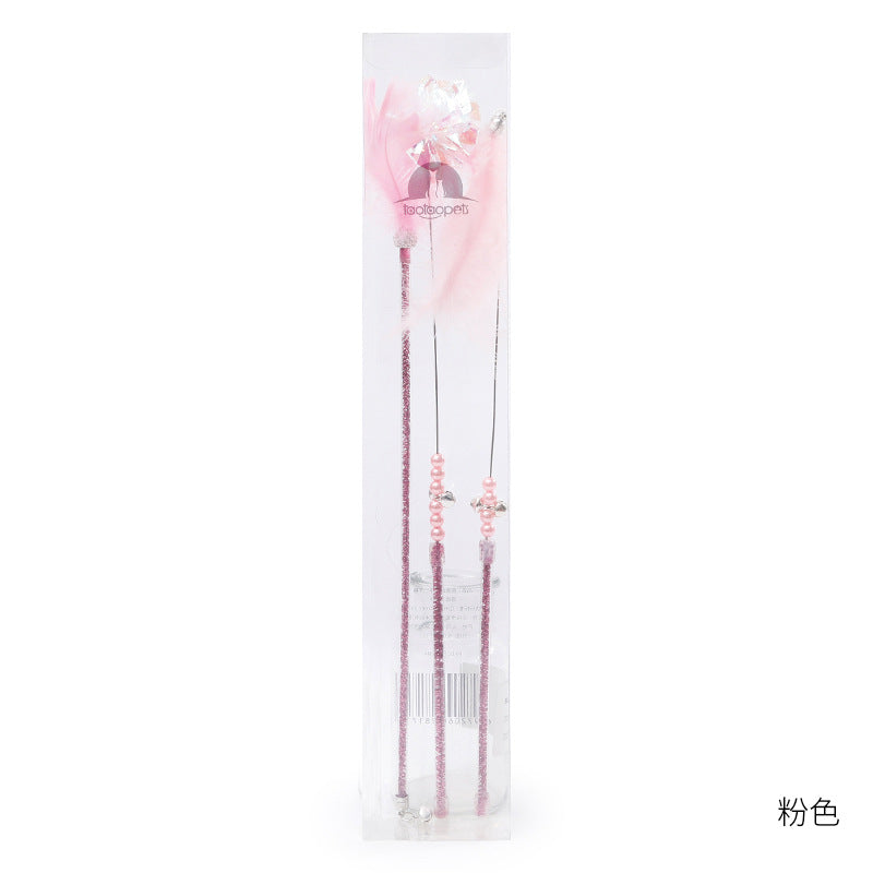 HKM-6570941 Cat Wand Play Set with Feathers and Bells - 3 Color Options Available
