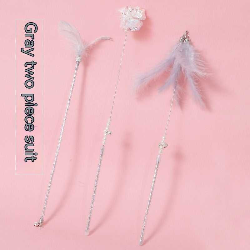 HKM-6570941 Cat Wand Play Set with Feathers and Bells - 3 Color Options Available
