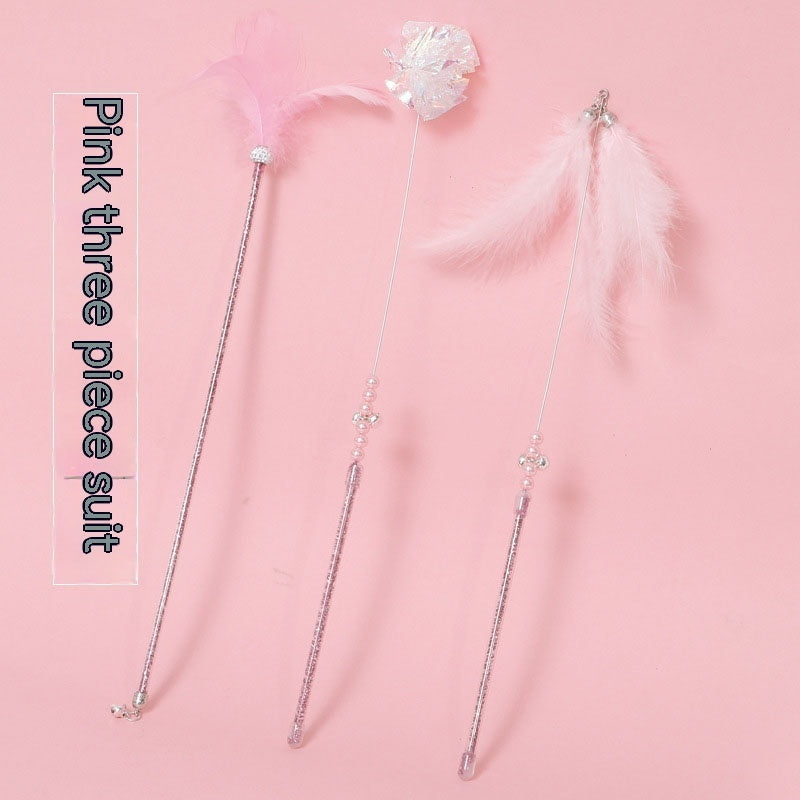 HKM-6570941 Cat Wand Play Set with Feathers and Bells - 3 Color Options Available