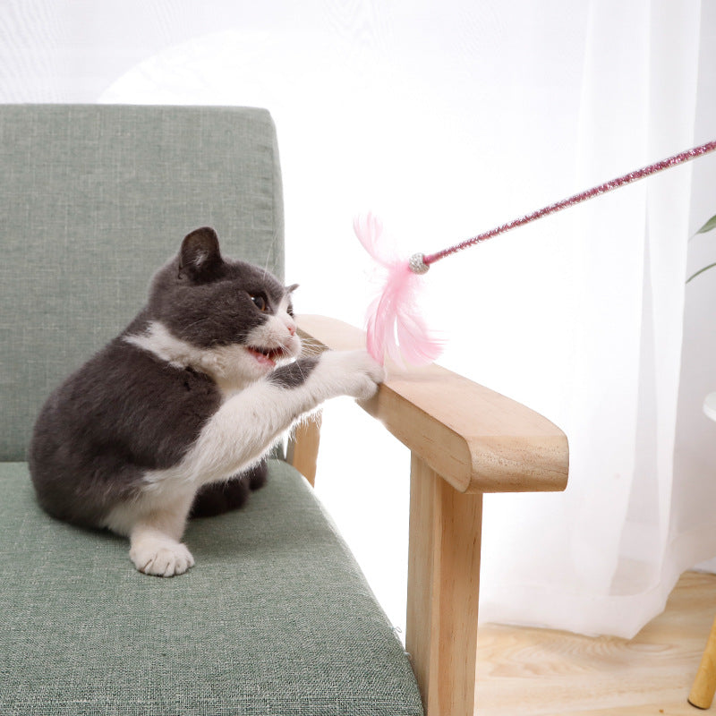 HKM-6570941 Cat Wand Play Set with Feathers and Bells - 3 Color Options Available