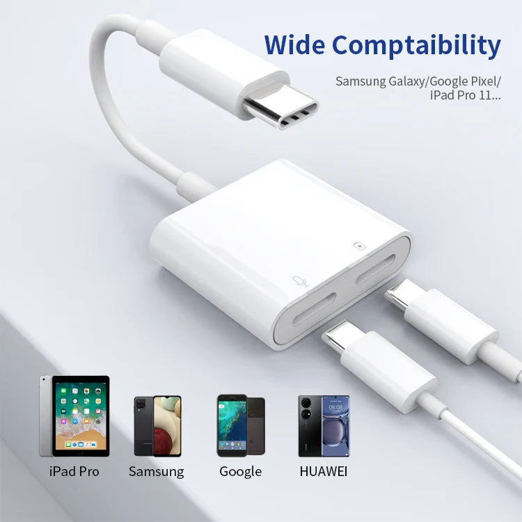 HKM-657363 2 in 1 Type C Dual Jack Headphone and Charger Adapter for iPhone 15 and Type C Devices