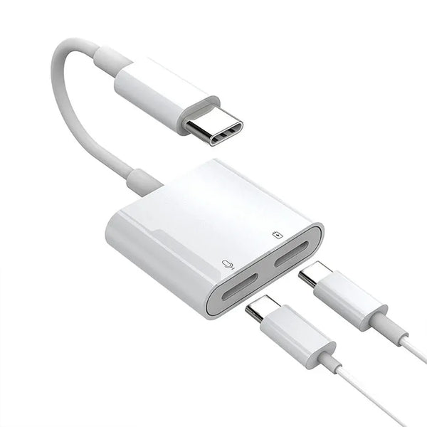 HKM-657363 2 in 1 Type C Dual Jack Headphone and Charger Adapter for iPhone 15 and Type C Devices